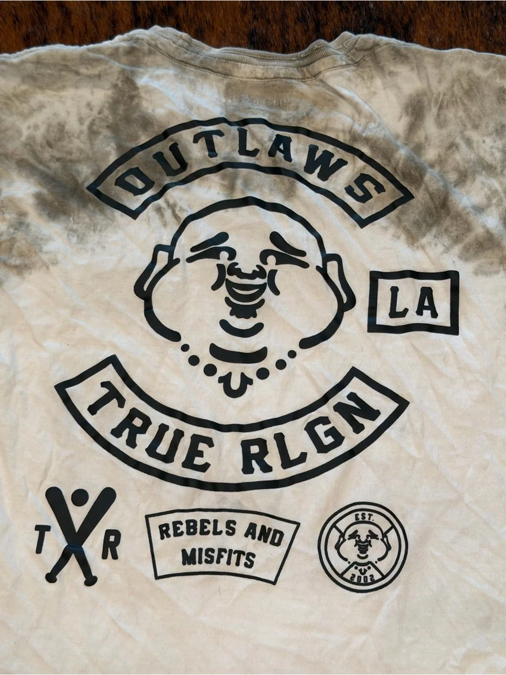 TRUE RELIGION Grey Tie Dye OUTLAWS Short Sleeve Designer Graphic T-shirt Size L